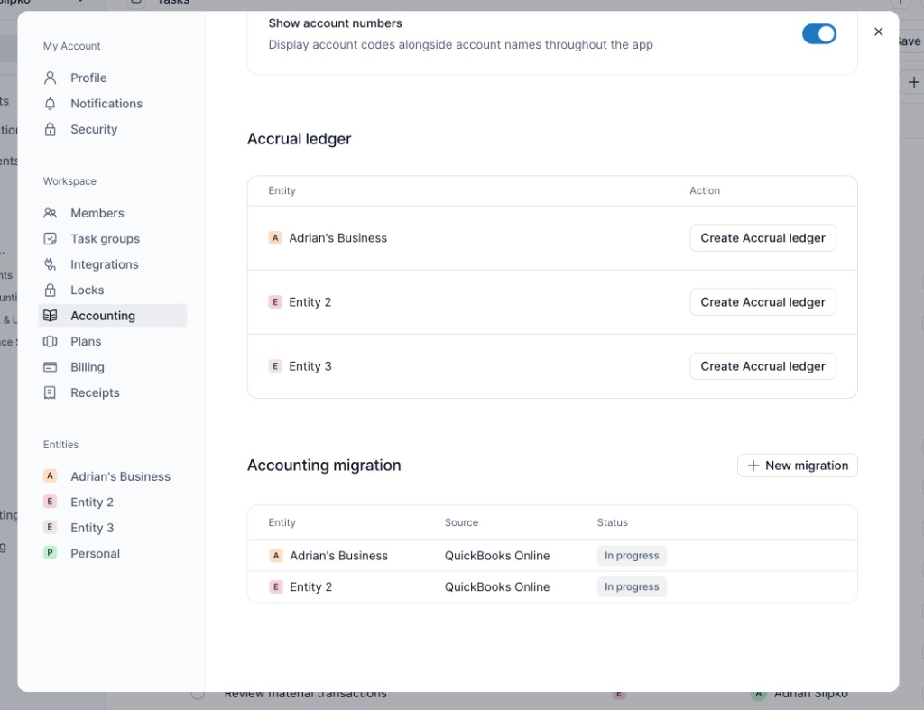 Accounting settings showing Accounting migration and New migration