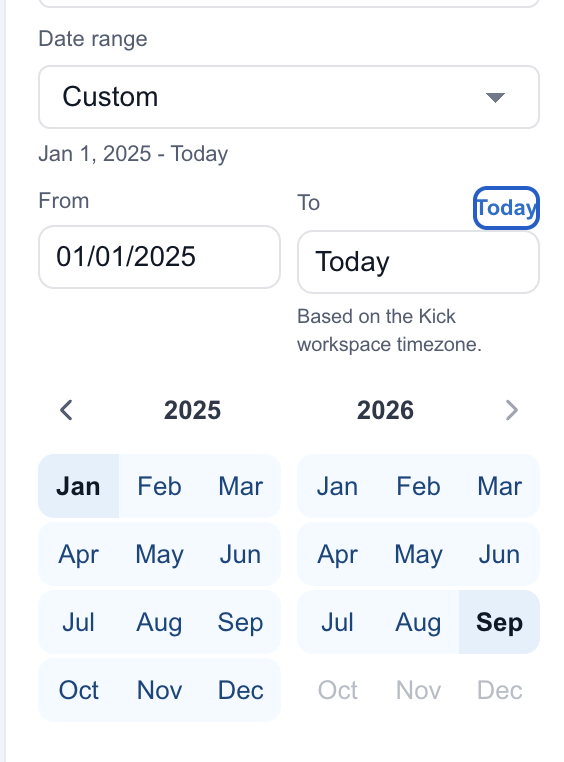 Custom date range with Today selected as the end date